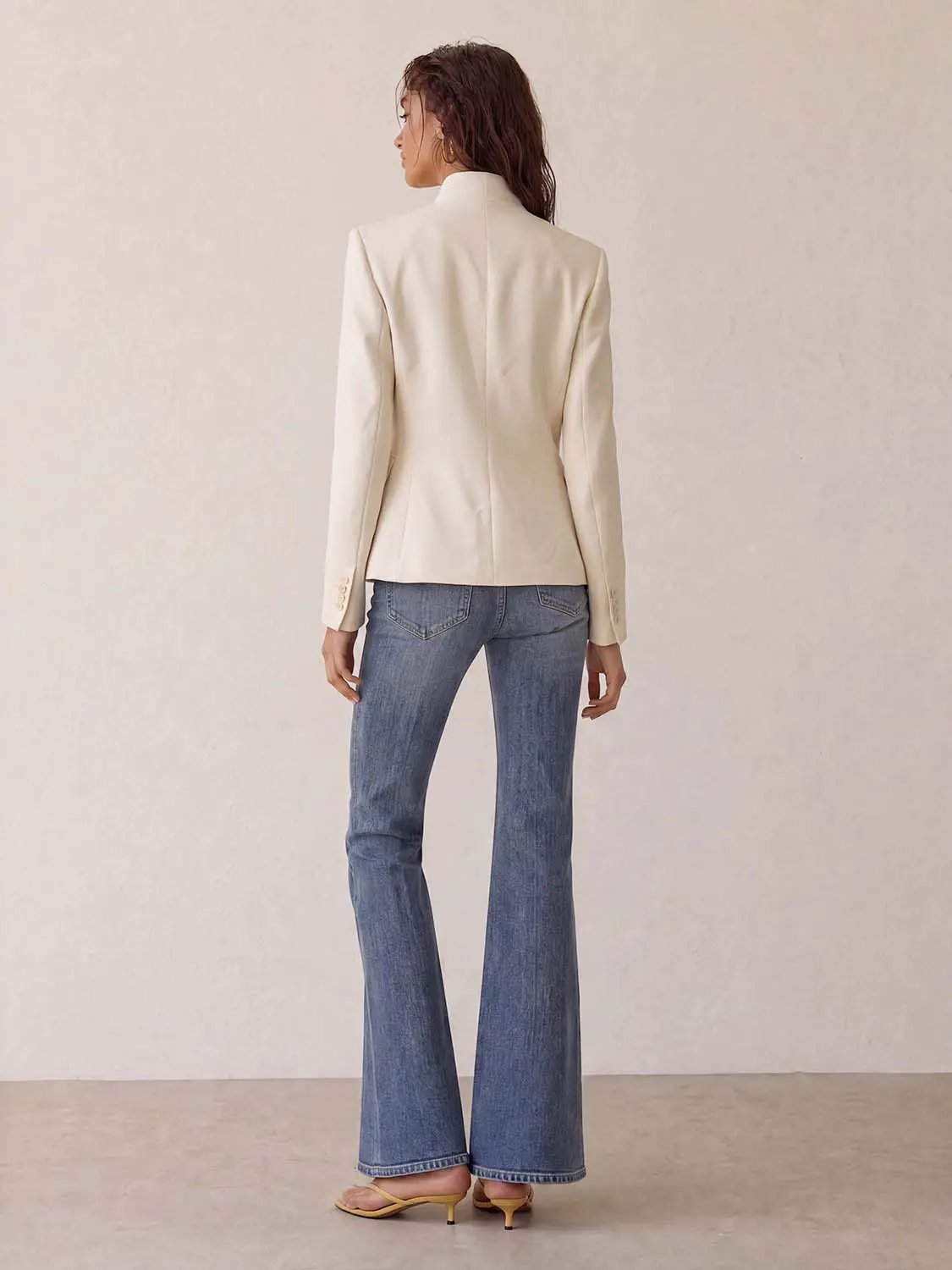 Button Front Tailored Mandarin Collar Long Sleeve Blazer