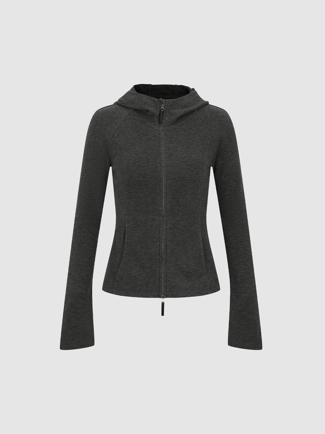 Textured Fitted Full Zip Hooded Long Sleeve Hoodie