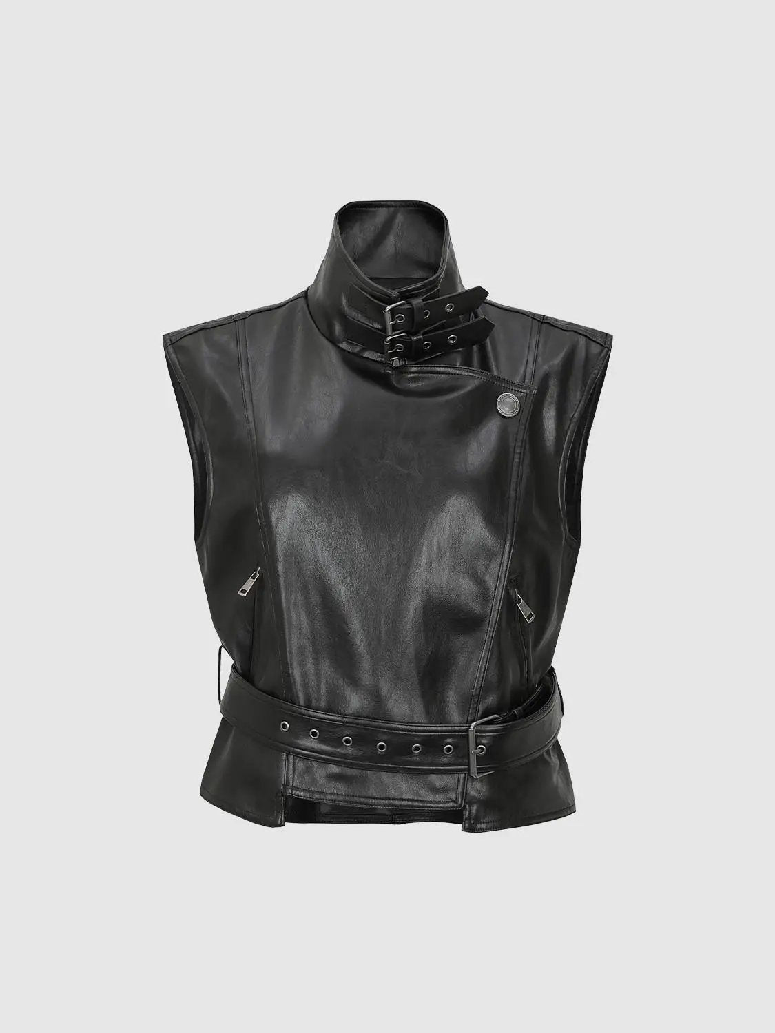 Asymmetric Buckle Neck Sleeveless Belted Vest