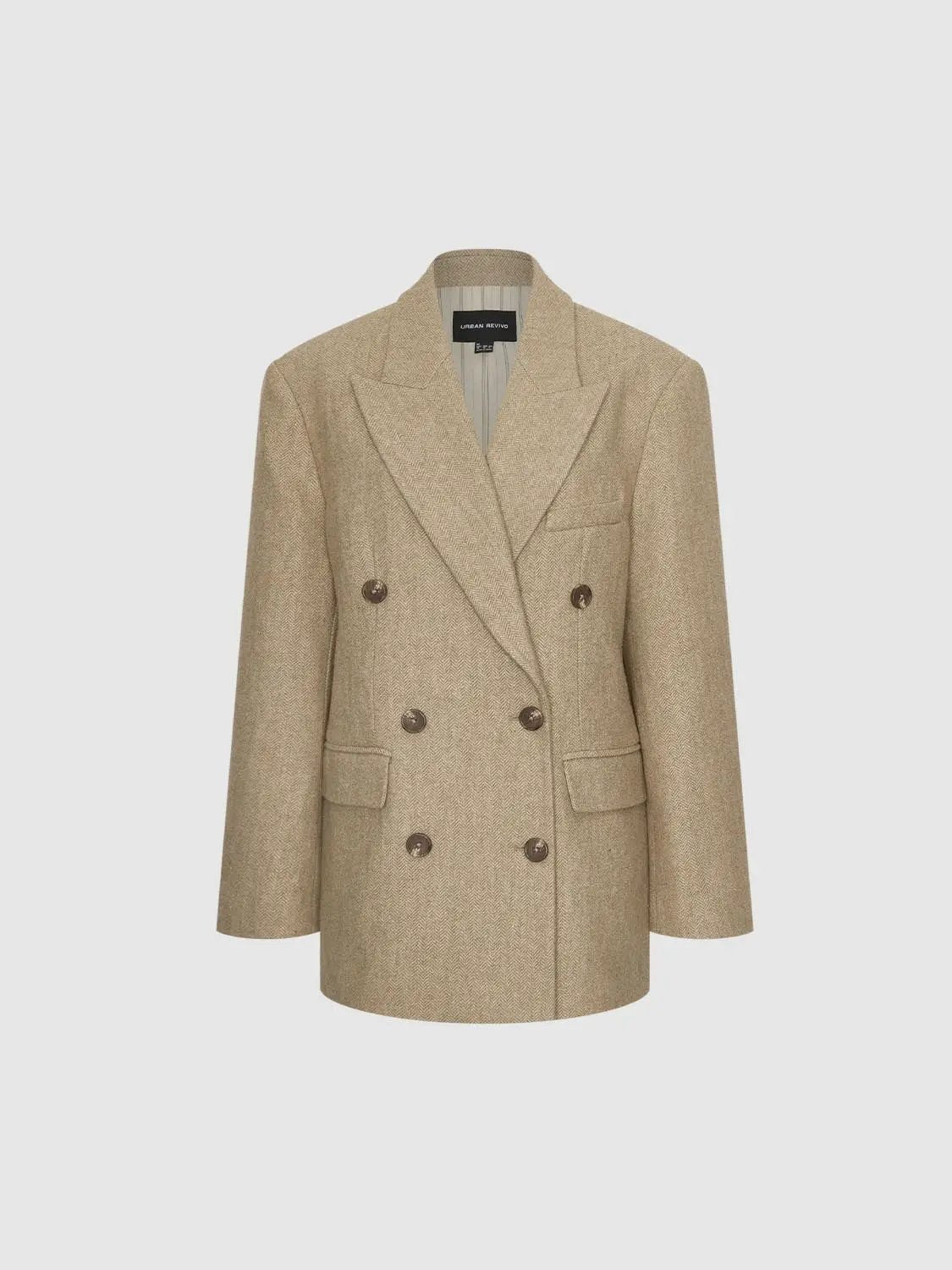 Double-breasted Herringbone Wool Blend Long Sleeve Blazer