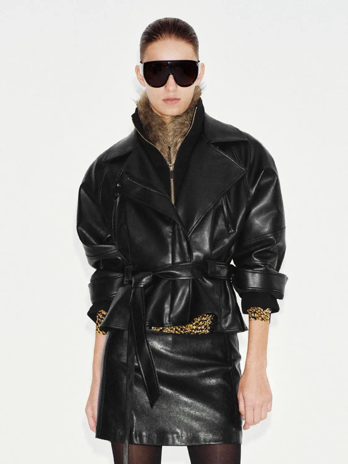 Belted Zip Front Lapel Collar Long Sleeve Jacket