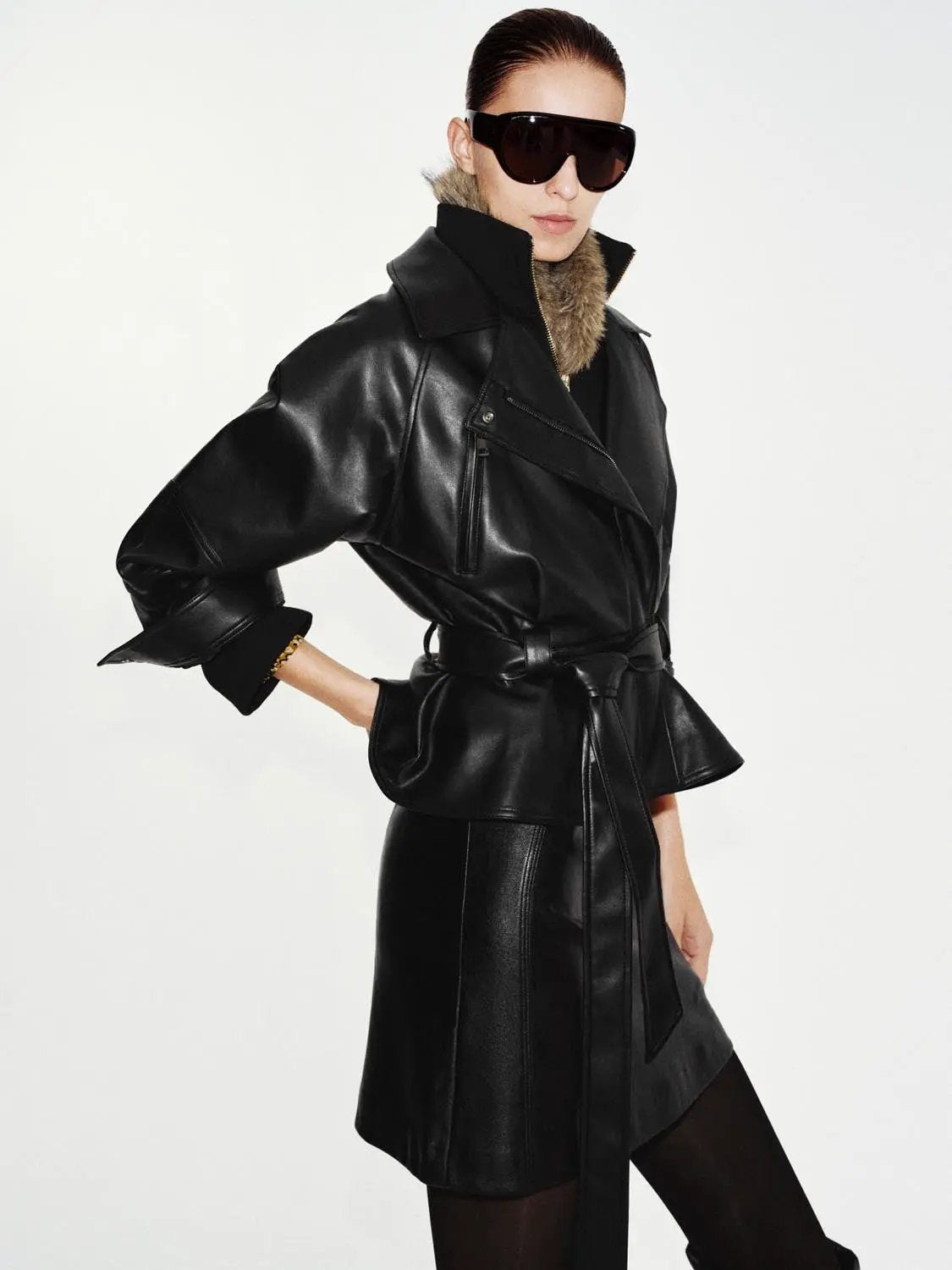 Belted Zip Front Lapel Collar Long Sleeve Jacket