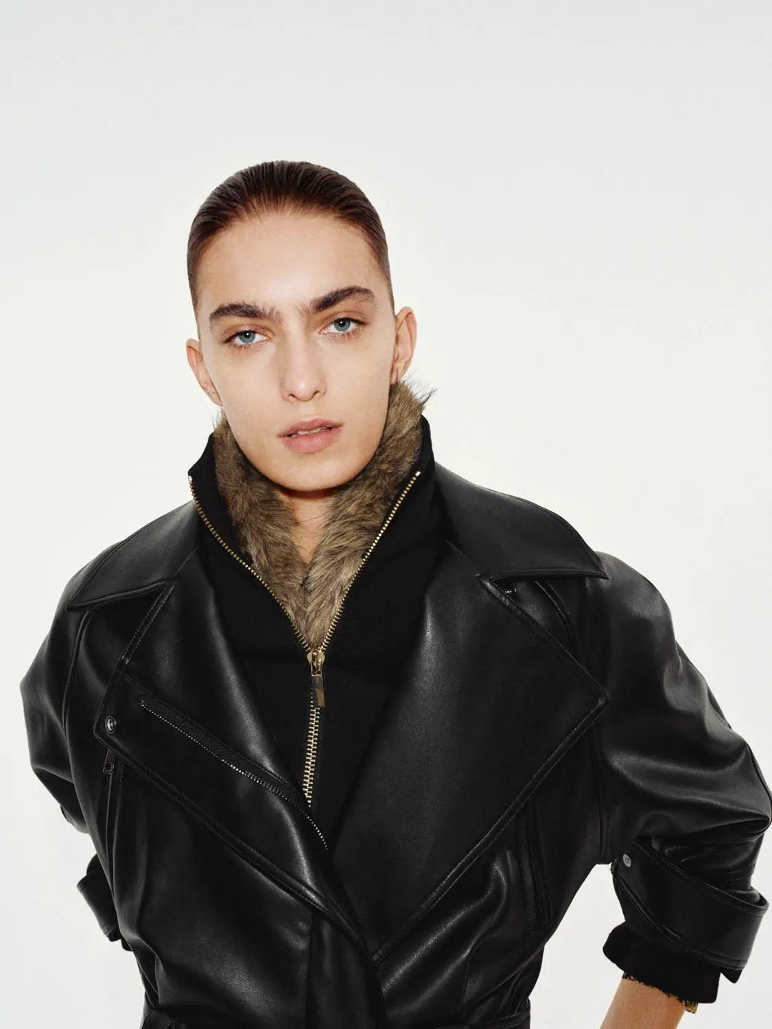 Belted Zip Front Lapel Collar Long Sleeve Jacket