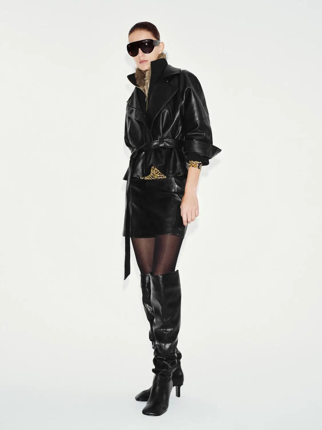 Belted Zip Front Lapel Collar Long Sleeve Jacket