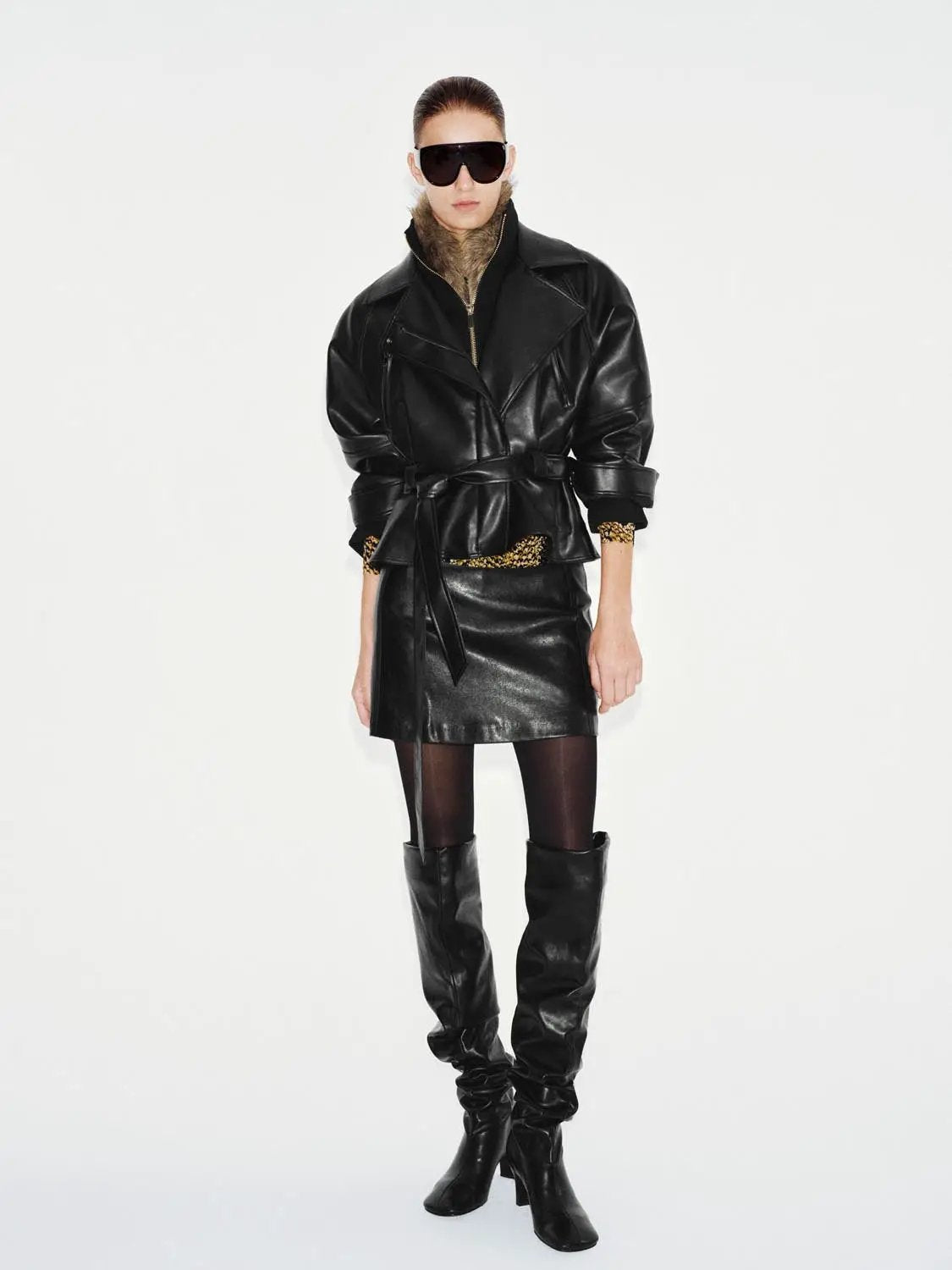 Belted Zip Front Lapel Collar Long Sleeve Jacket