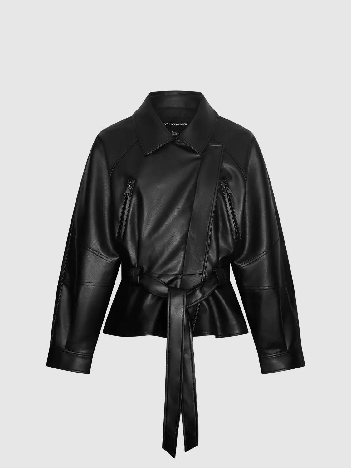 Belted Zip Front Lapel Collar Long Sleeve Jacket