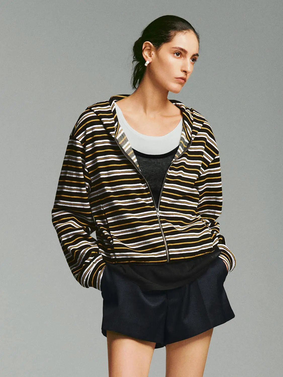Zip Hooded Striped Long Sleeve Cotton Blend Jacket
