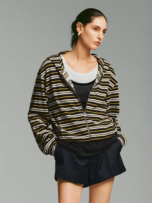 Zip Hooded Striped Long Sleeve Cotton Blend Jacket