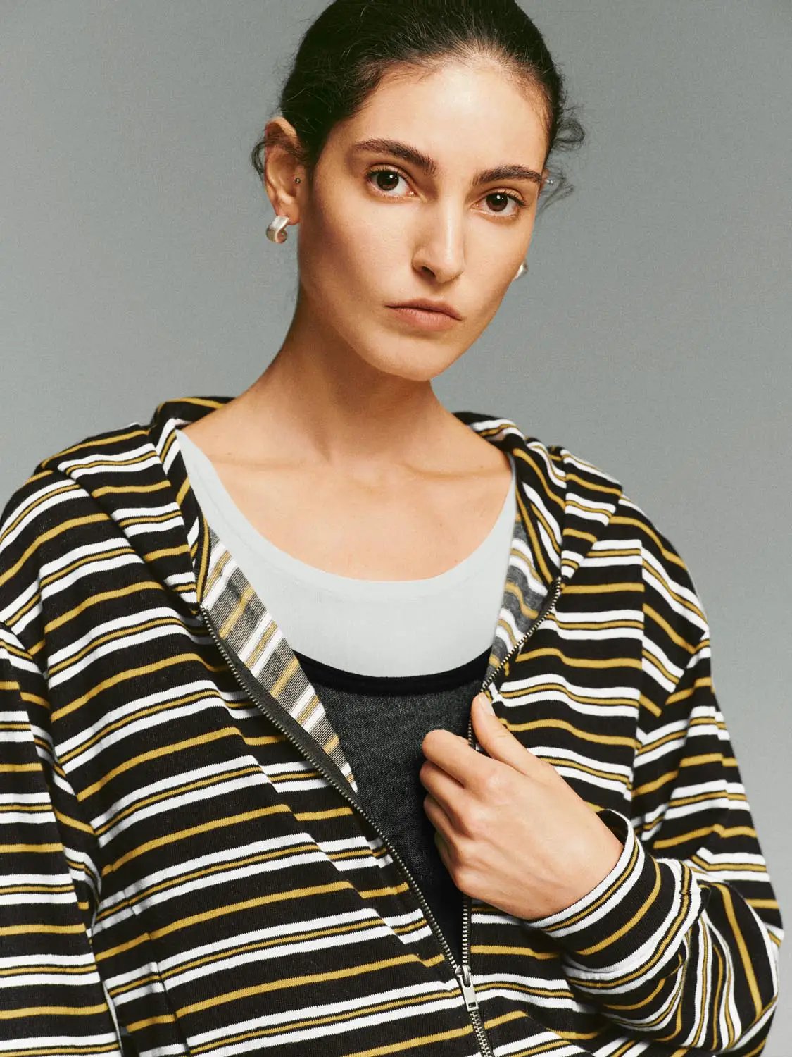 Zip Hooded Striped Long Sleeve Cotton Blend Jacket