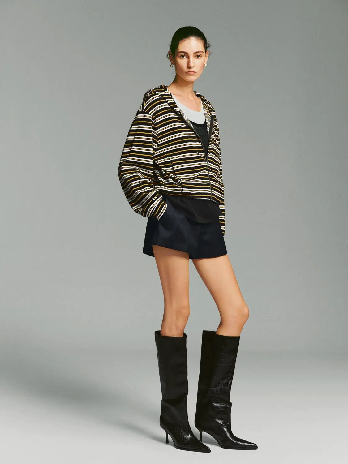 Zip Hooded Striped Long Sleeve Cotton Blend Jacket