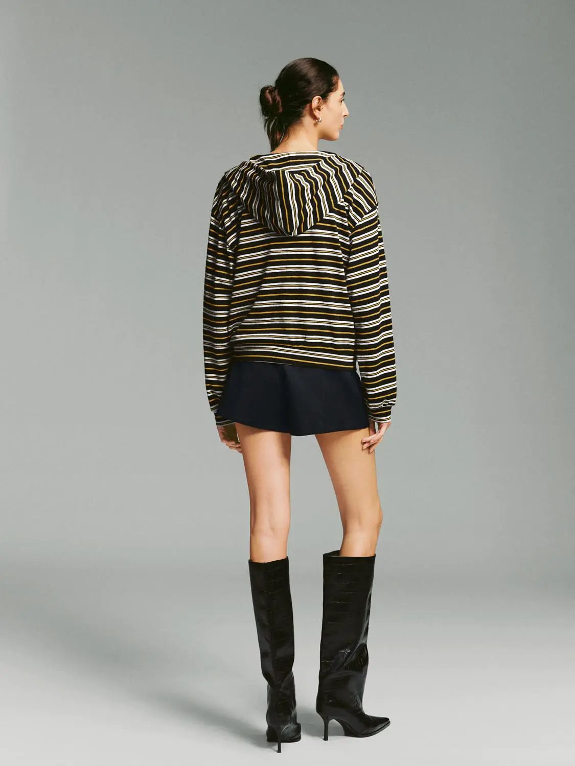 Zip Hooded Striped Long Sleeve Cotton Blend Jacket