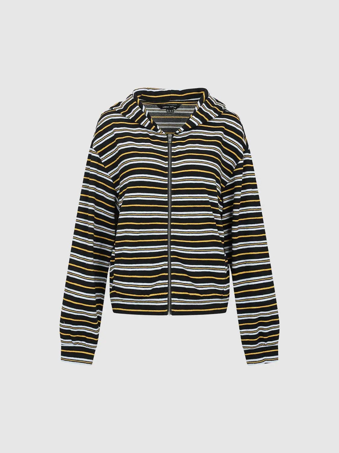 Zip Hooded Striped Long Sleeve Cotton Blend Jacket