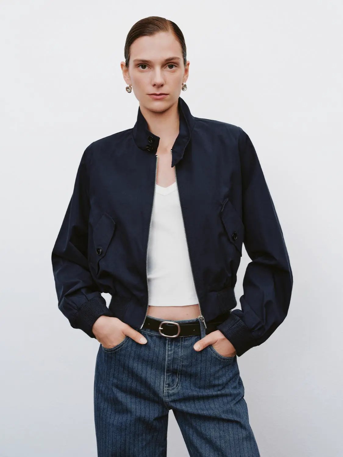 Cotton Ribbed Zip Front Long Sleeve Bomber Jacket