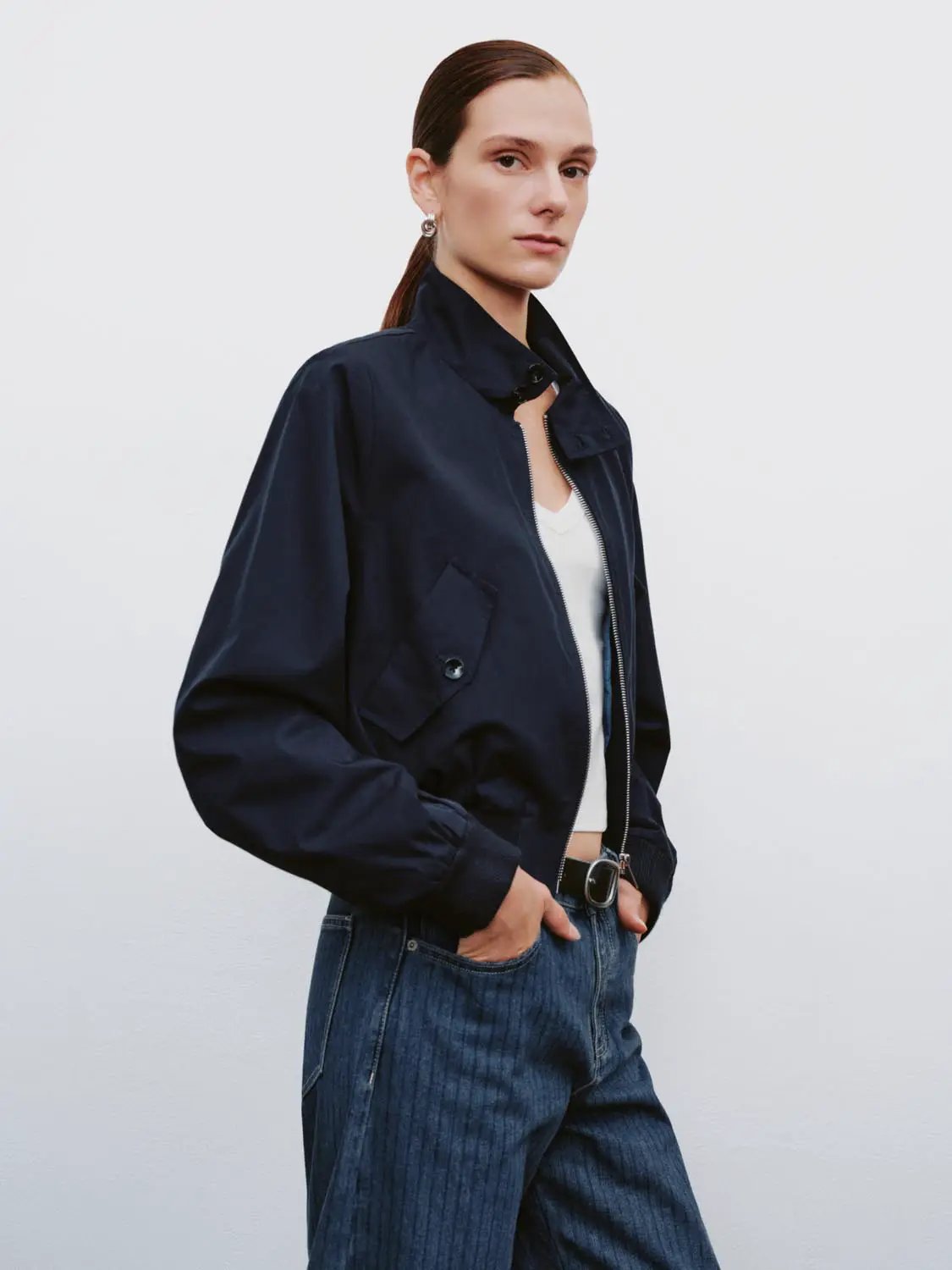 Cotton Ribbed Zip Front Long Sleeve Bomber Jacket