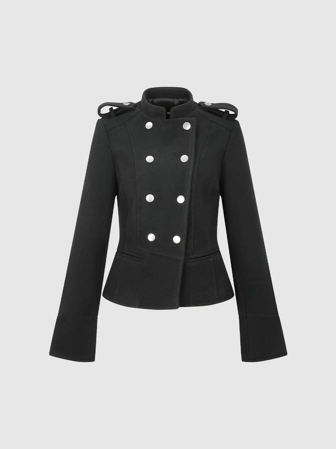 Double-breasted Epaulet Peplum Stand Collar Long Sleeve Jacket