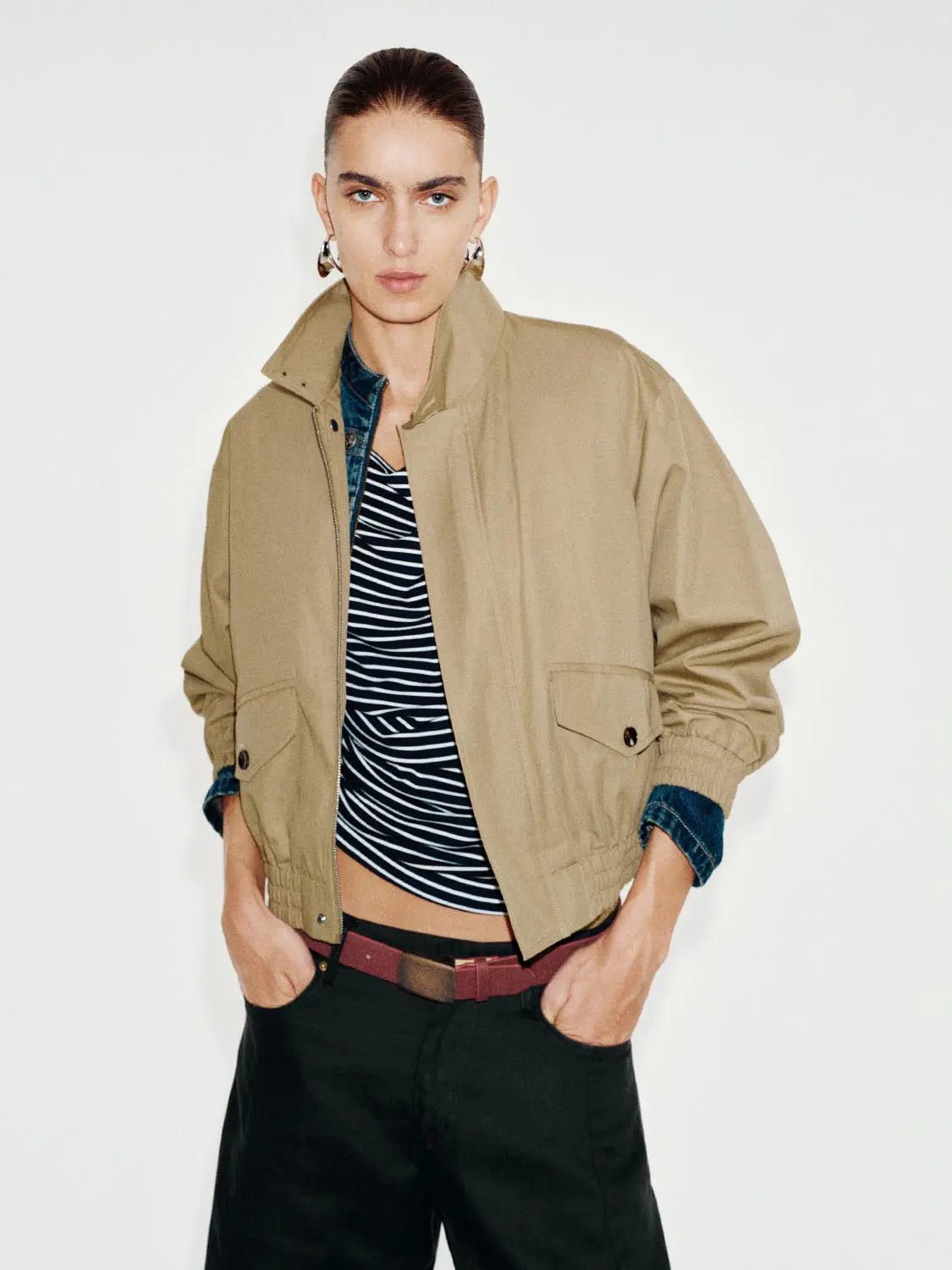 Flap Pocket Stand Collar Long Sleeve Cotton Blend Jacket