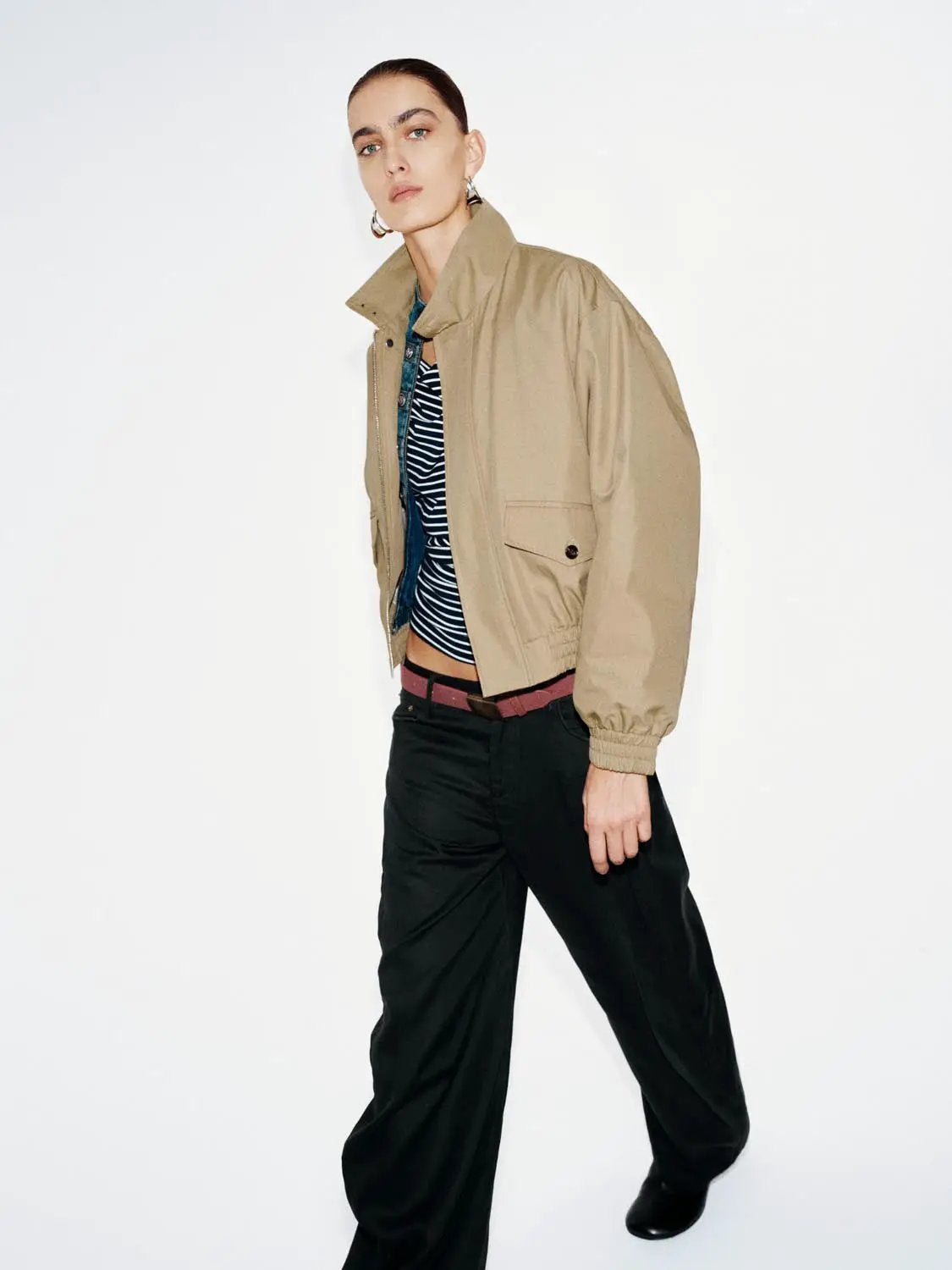 Flap Pocket Stand Collar Long Sleeve Cotton Blend Jacket