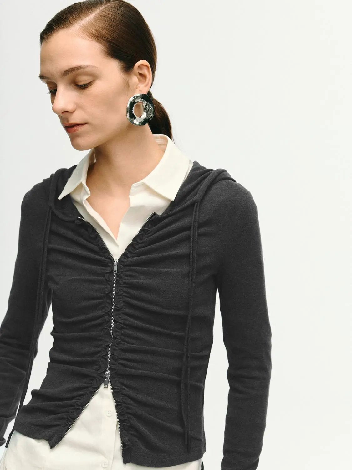Ruched Fitted Front Zip Long Sleeve Hoodie