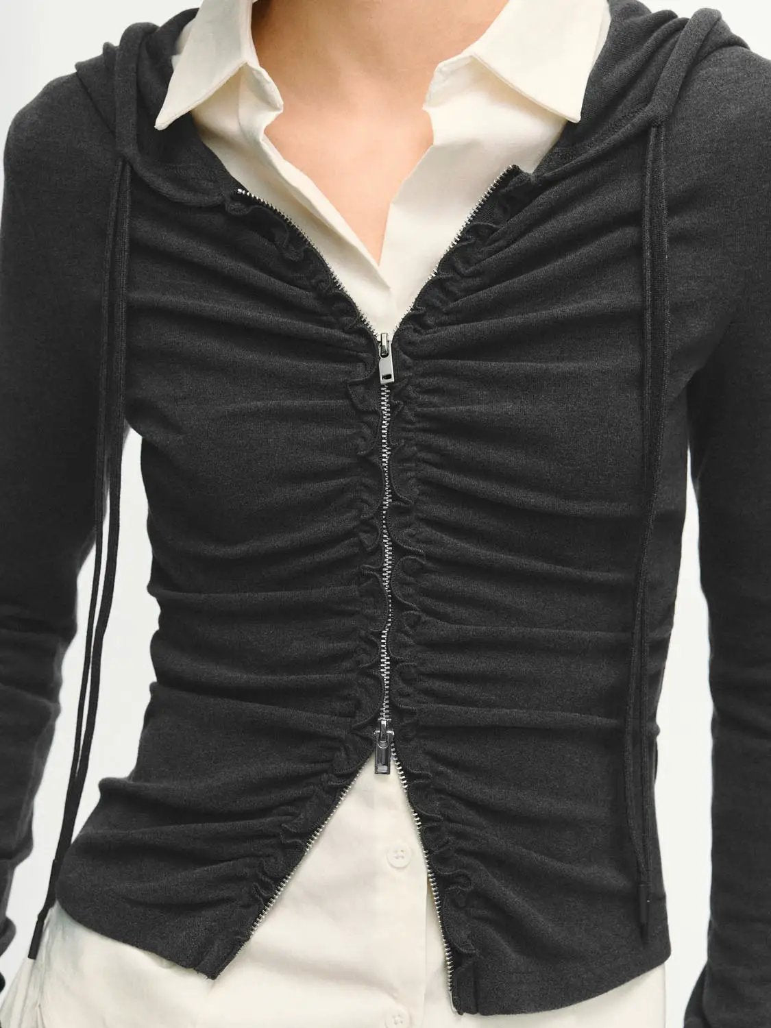 Ruched Fitted Front Zip Long Sleeve Hoodie