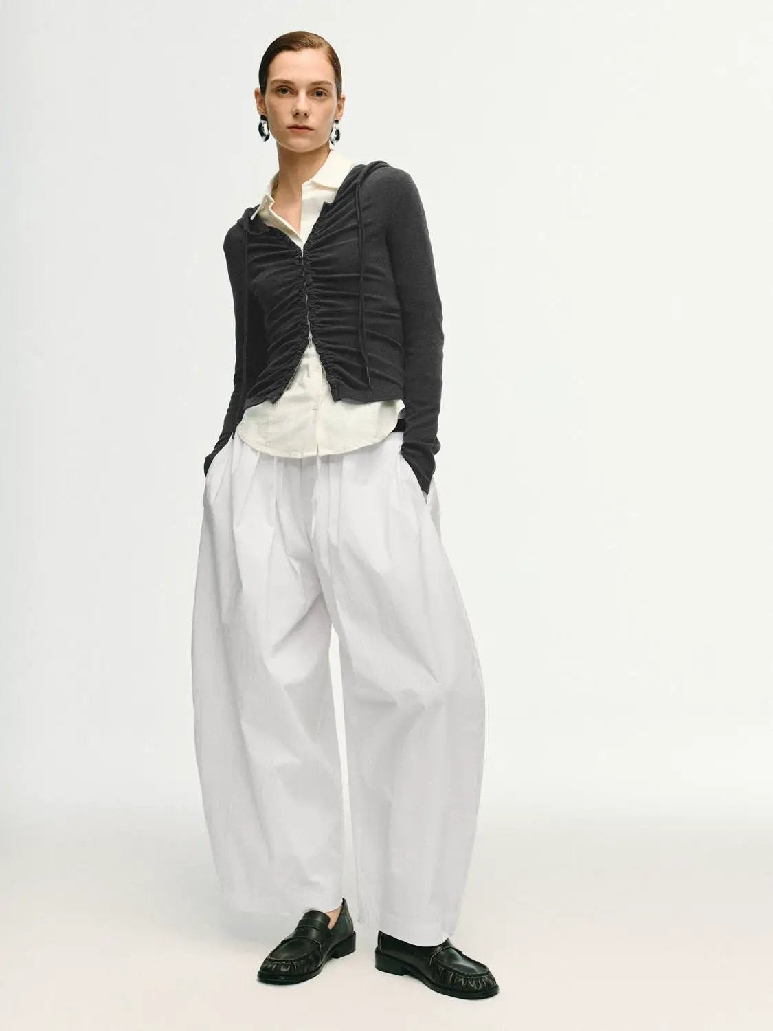 Ruched Fitted Front Zip Long Sleeve Hoodie