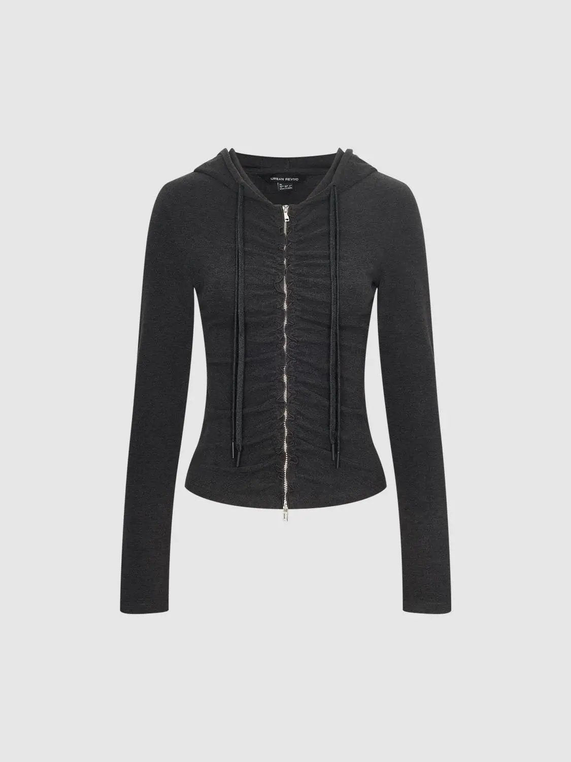 Ruched Fitted Front Zip Long Sleeve Hoodie