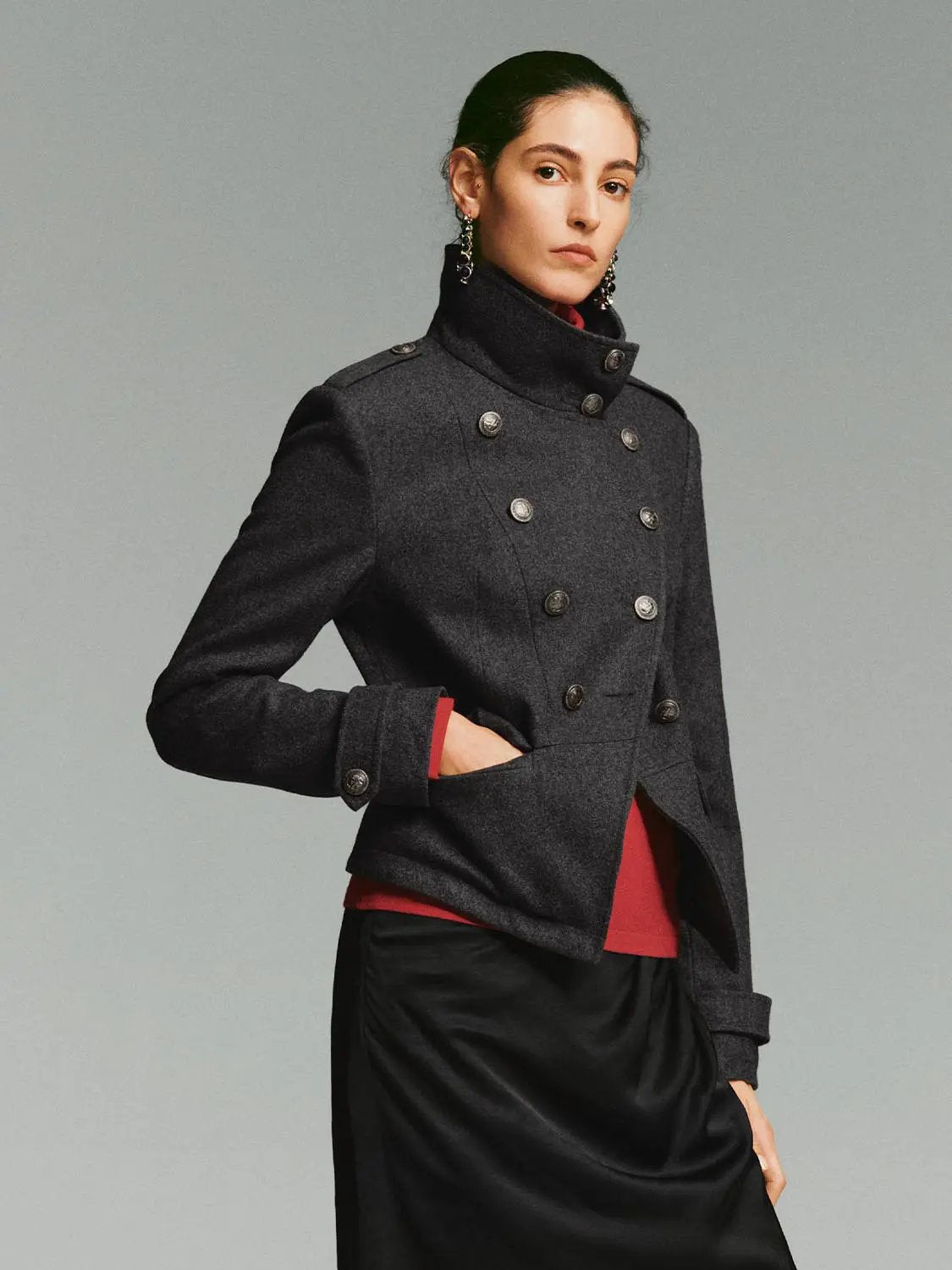 Double-breasted Asymmetric Hem Long Sleeve Wool Blend Jacket