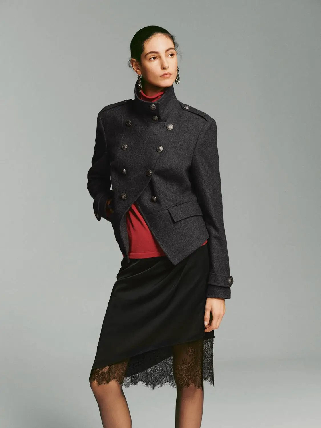 Double-breasted Asymmetric Hem Long Sleeve Wool Blend Jacket
