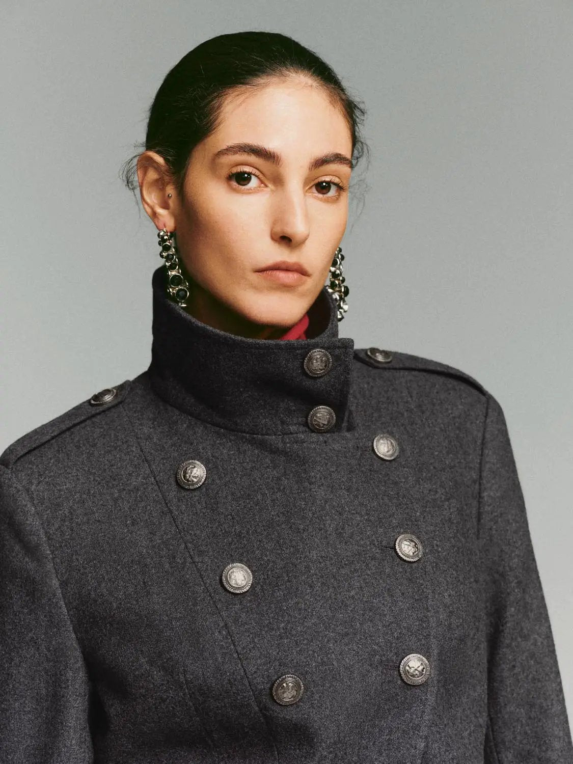 Double-breasted Asymmetric Hem Long Sleeve Wool Blend Jacket