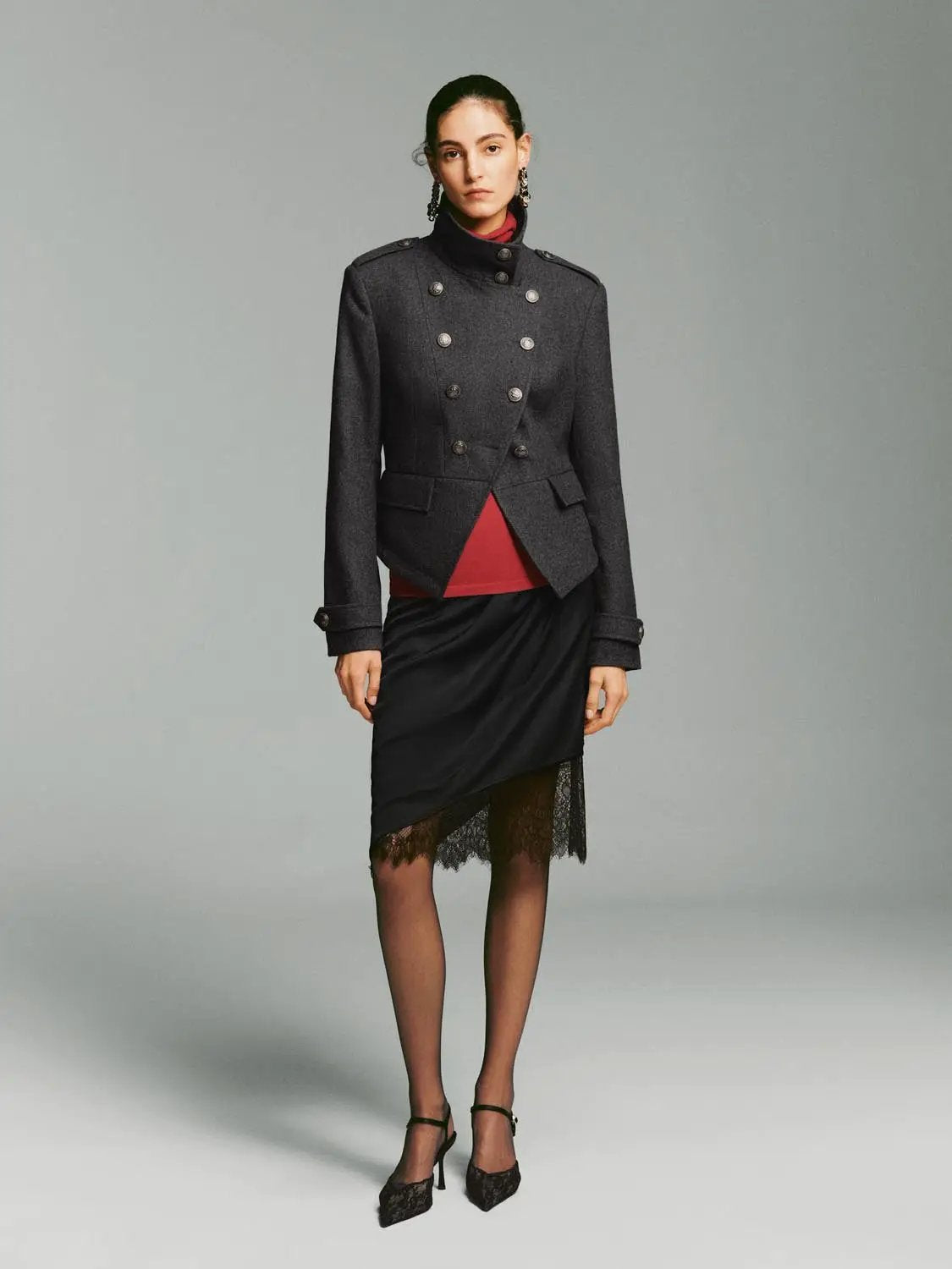 Double-breasted Asymmetric Hem Long Sleeve Wool Blend Jacket