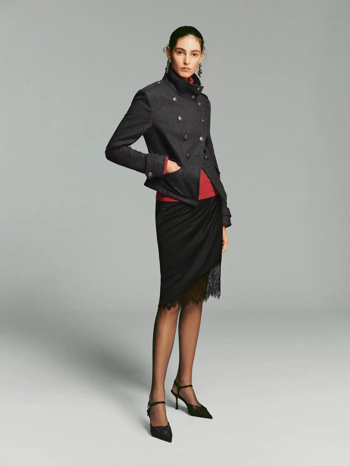 Double-breasted Asymmetric Hem Long Sleeve Wool Blend Jacket