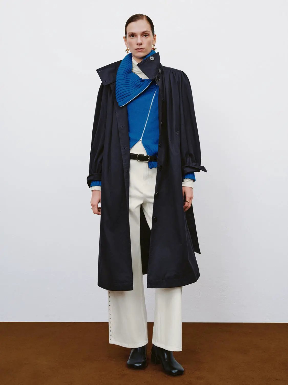 High Collar Long Sleeve Belted Cotton Trench Coat