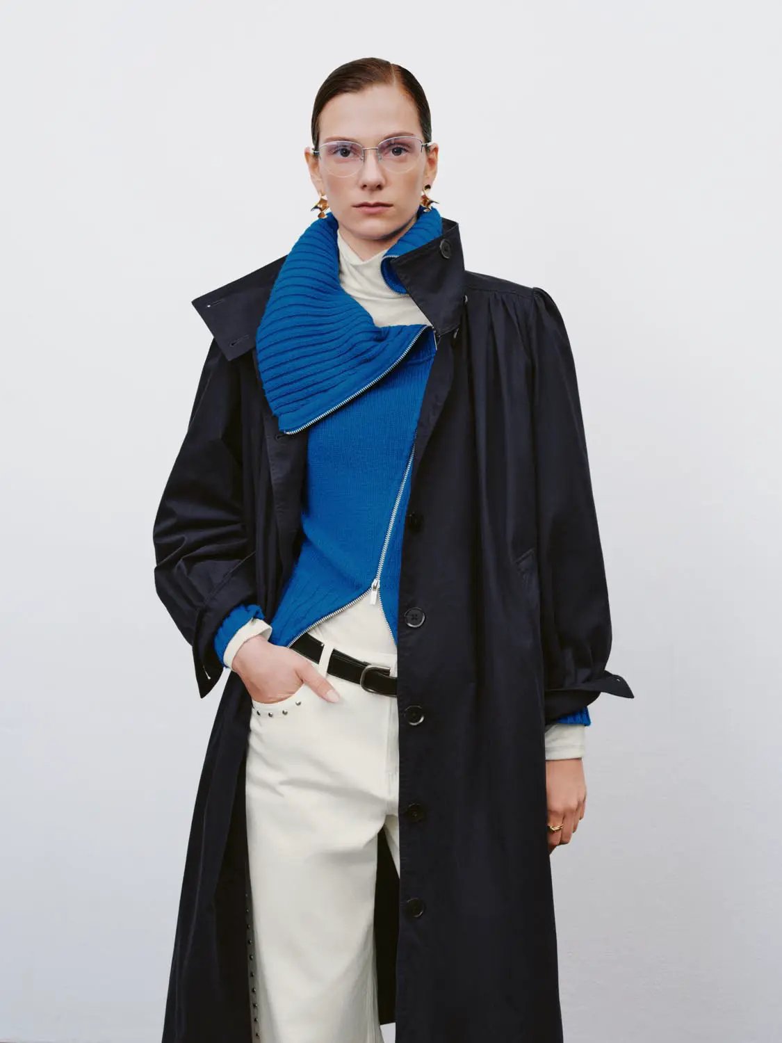 High Collar Long Sleeve Belted Cotton Trench Coat