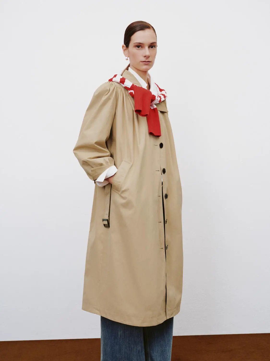 High Collar Long Sleeve Belted Cotton Trench Coat