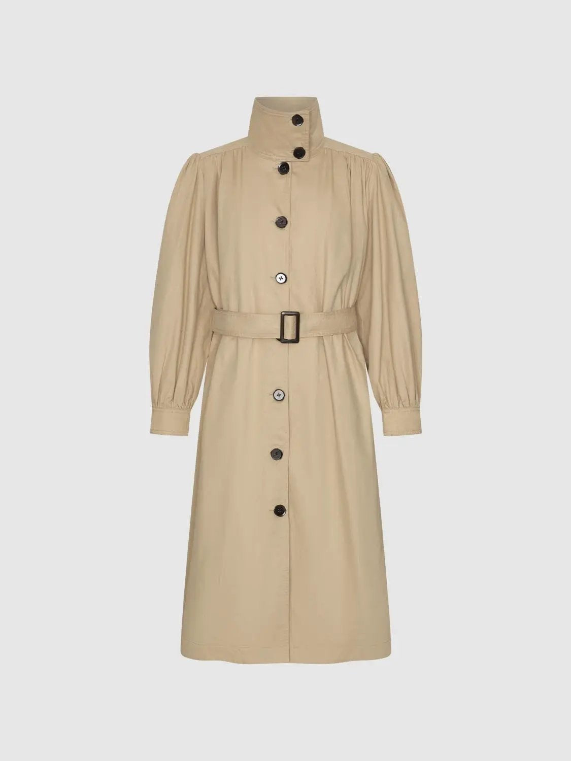 High Collar Long Sleeve Belted Cotton Trench Coat