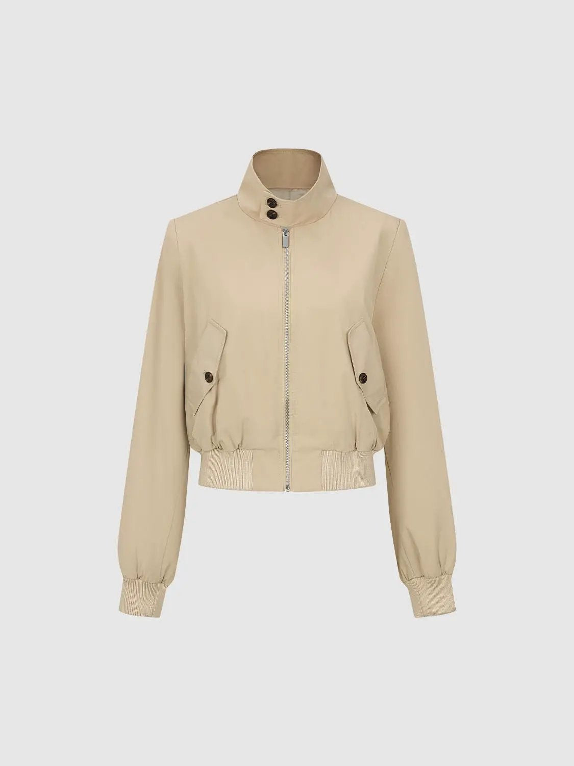 Cropped Zip Front Bomber Long Sleeve Cotton Jacket