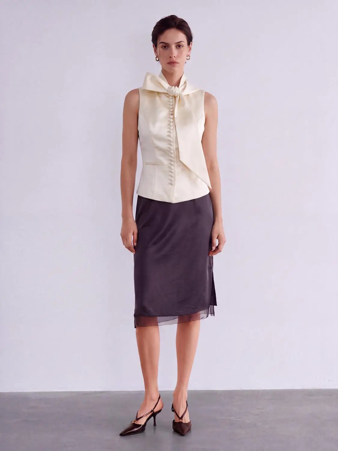 Tailored Bow Tie Button Front Sleeveless Vest