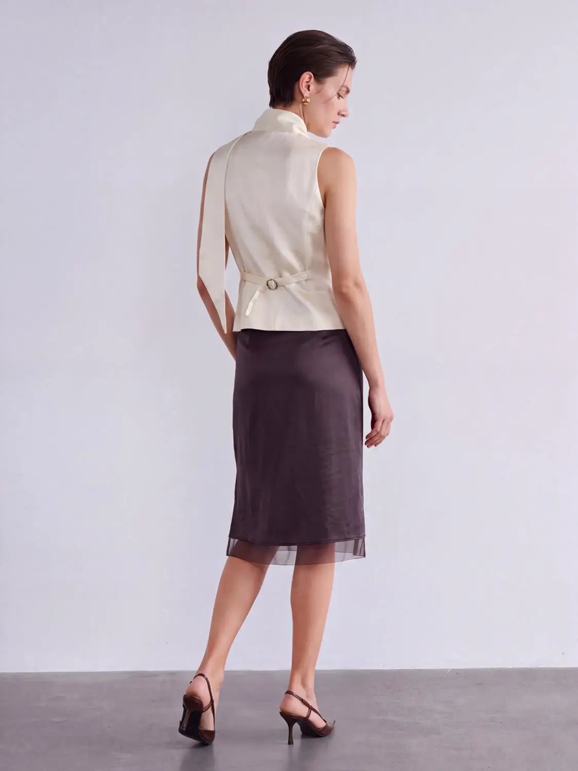 Tailored Bow Tie Button Front Sleeveless Vest