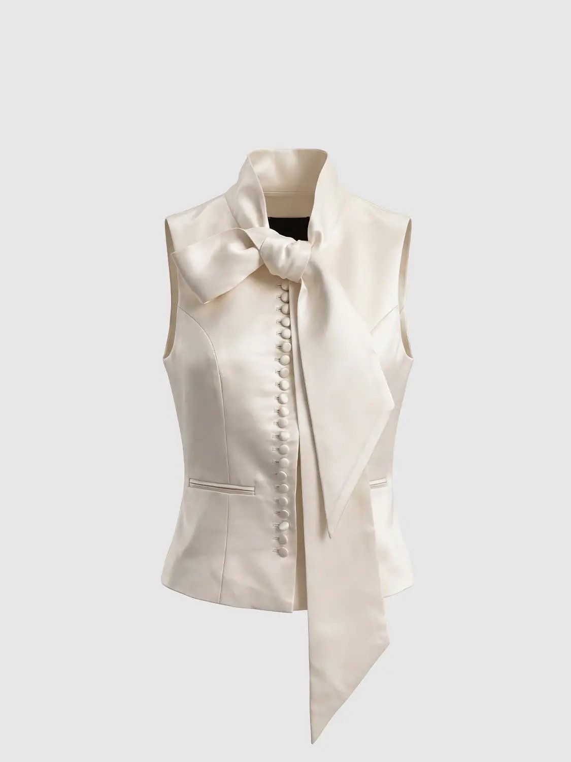 Tailored Bow Tie Button Front Sleeveless Vest