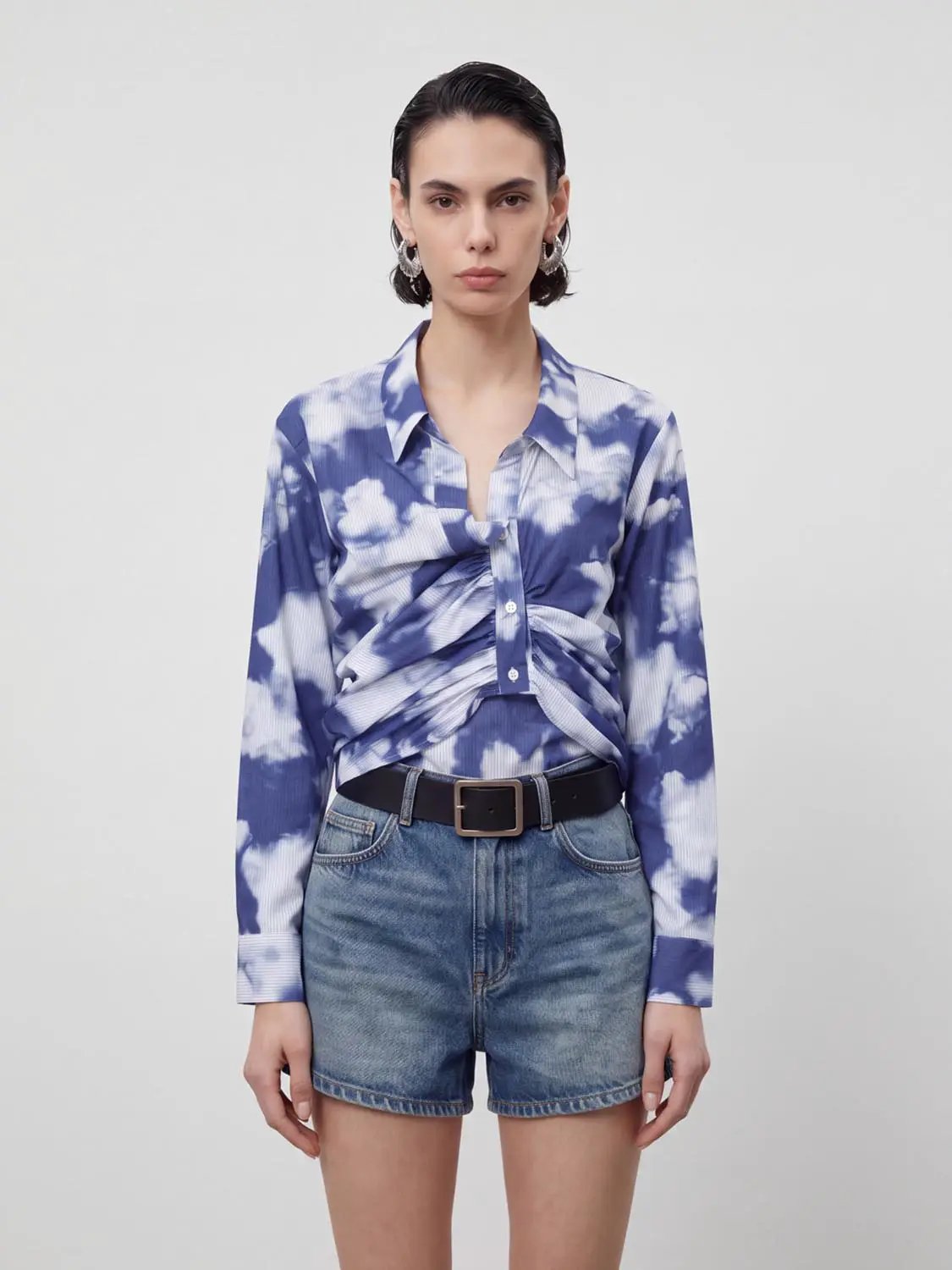 Point Collar Knot Front Lightweight Cotton-Blend Shirt