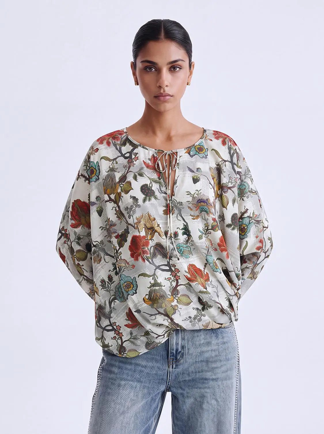 Tie Neck Twist Hem Floral Long Sleeve Relaxed Shirt