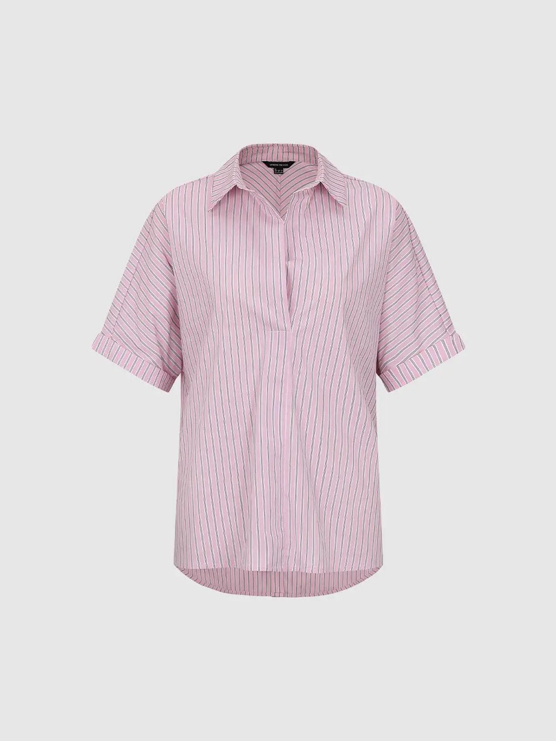 Striped Curved Hem Short Sleeve Cotton Blend Blouse