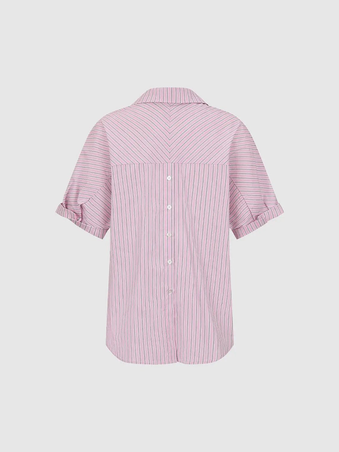 Striped Curved Hem Short Sleeve Cotton Blend Blouse