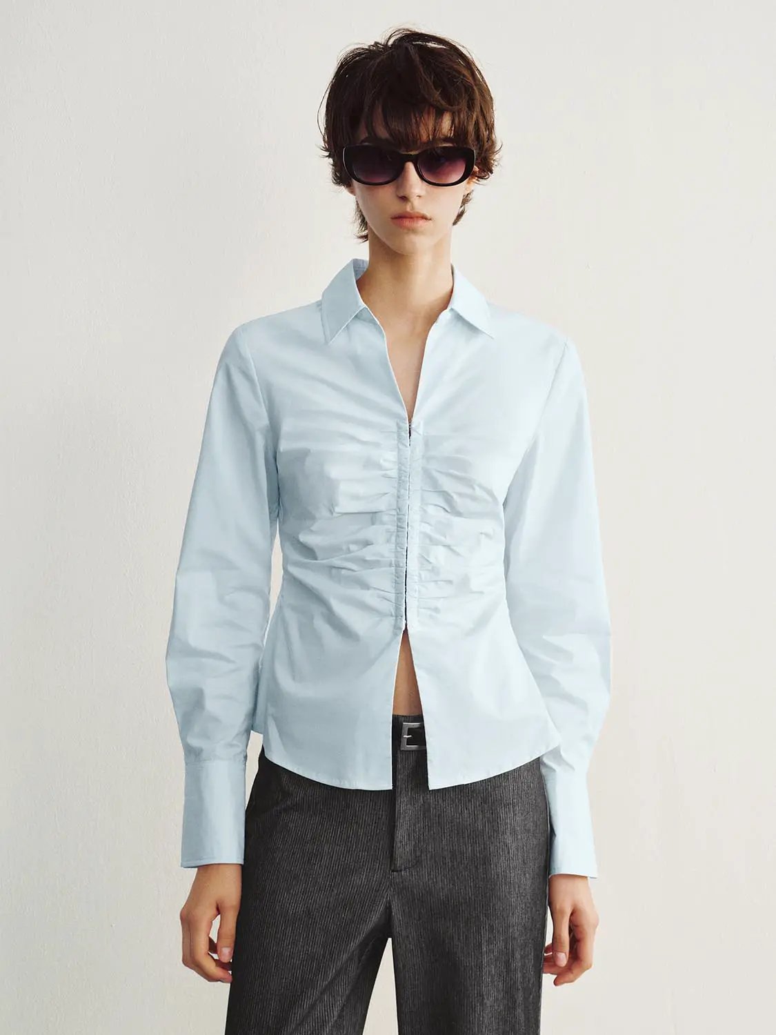 Ruched Front Long Sleeve Cotton Blend Shirt