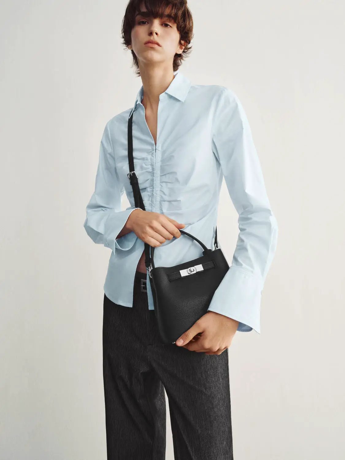 Ruched Front Long Sleeve Cotton Blend Shirt