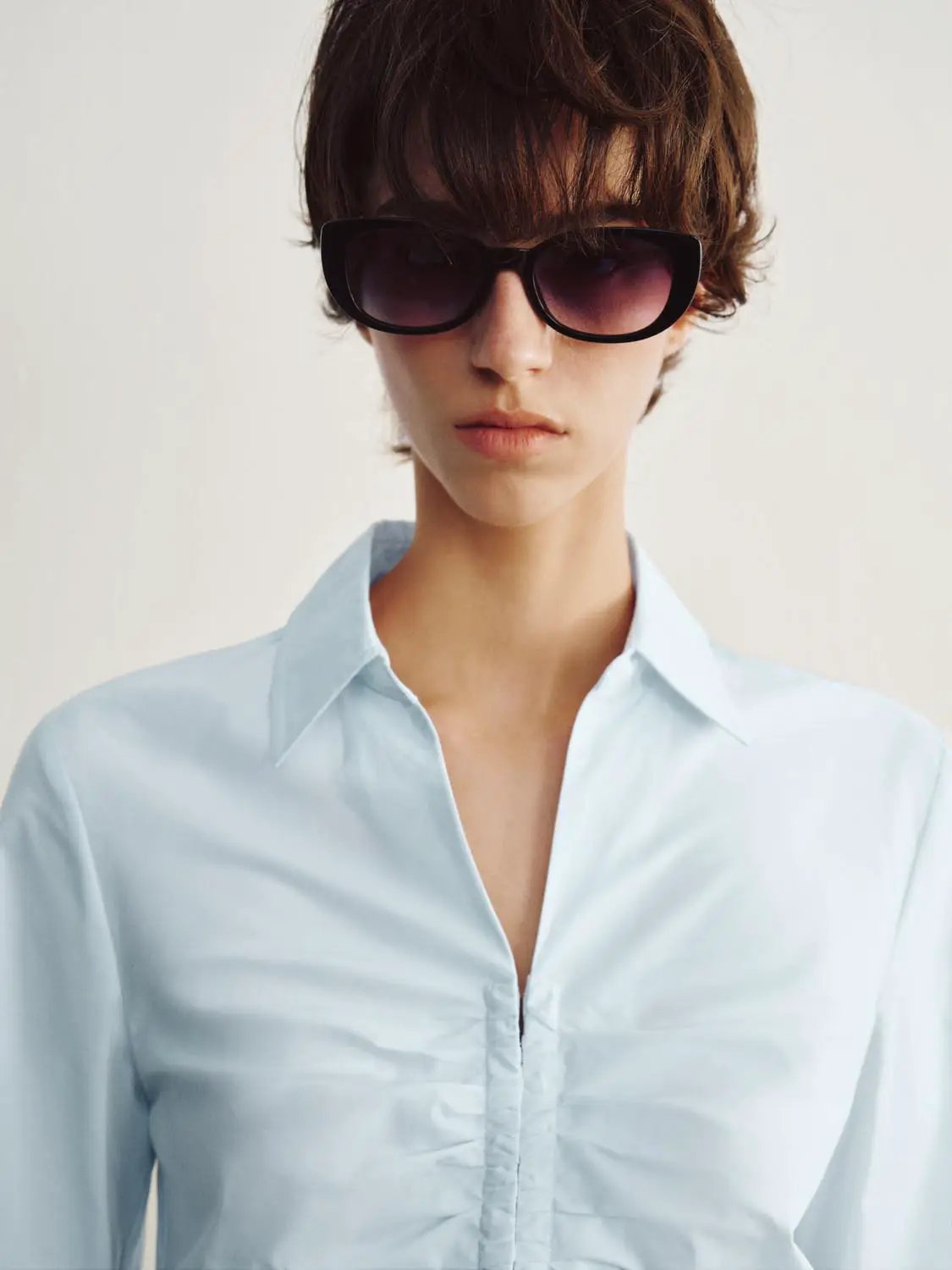 Ruched Front Long Sleeve Cotton Blend Shirt
