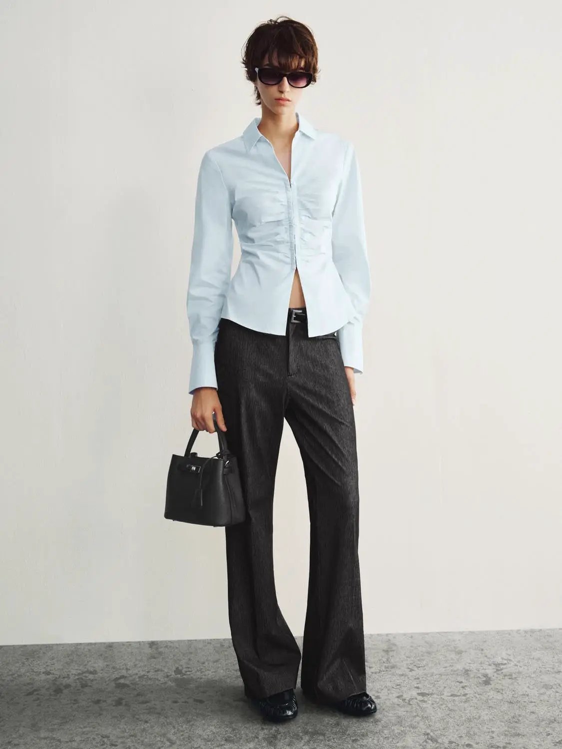 Ruched Front Long Sleeve Cotton Blend Shirt