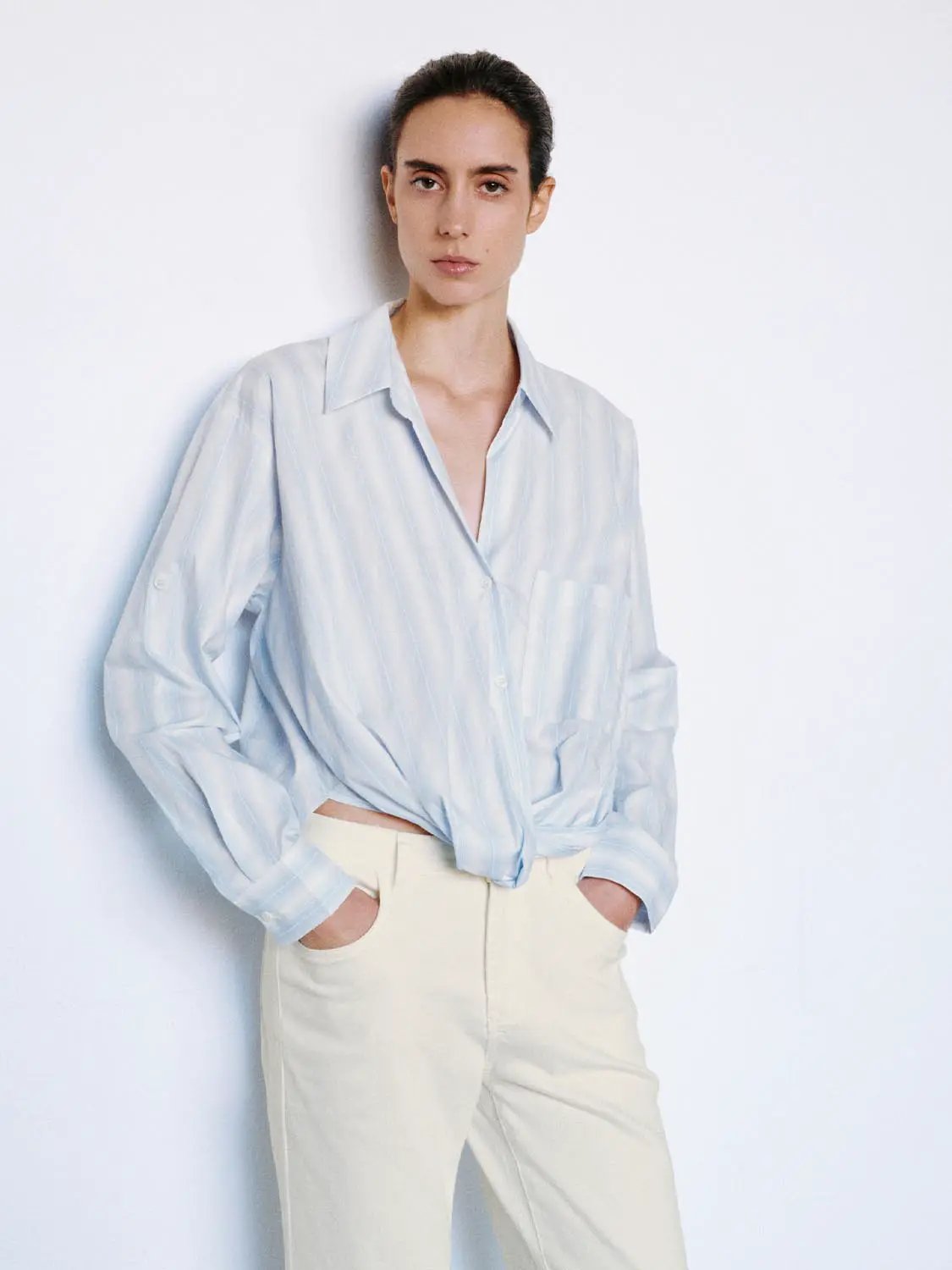 Oversized Twisted Striped Long Sleeve Cotton Shirt