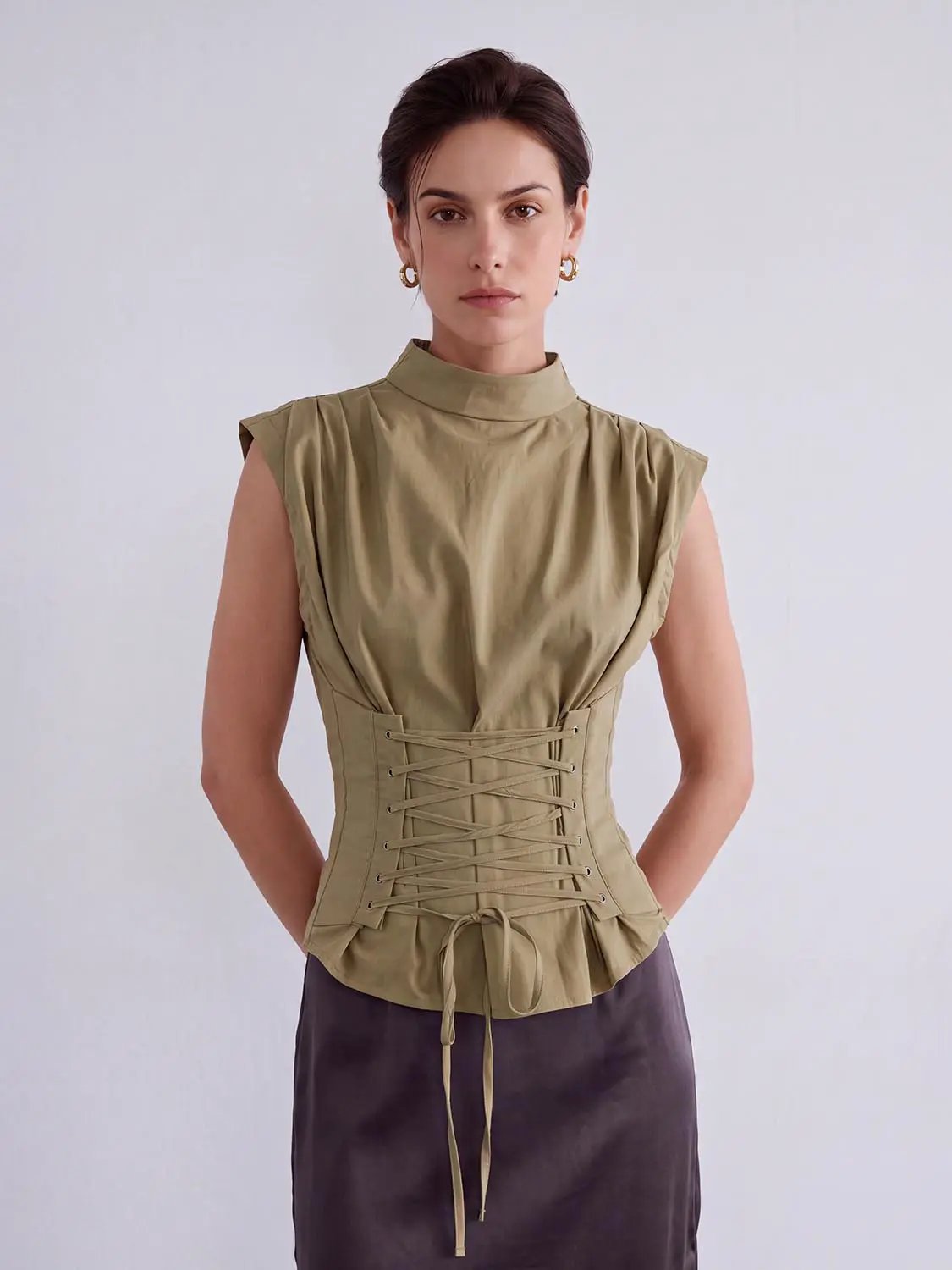 Lace-up Ruched Mock Neck Sleeveless Blouse