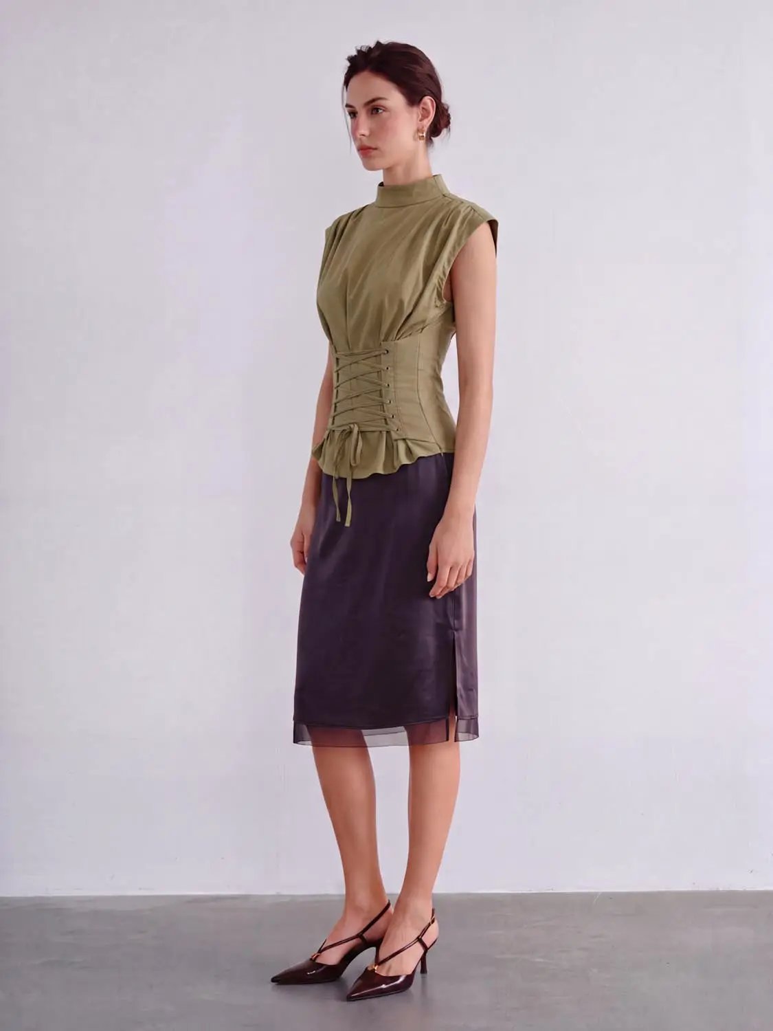 Lace-up Ruched Mock Neck Sleeveless Blouse
