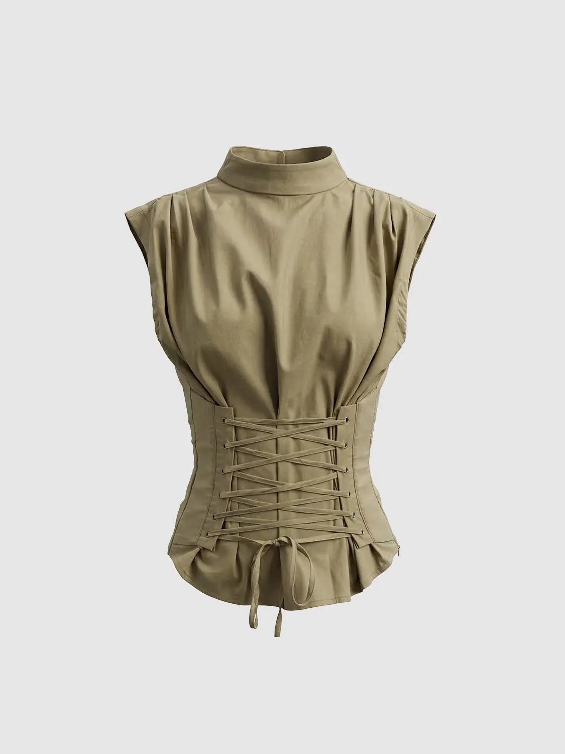 Lace-up Ruched Mock Neck Sleeveless Blouse